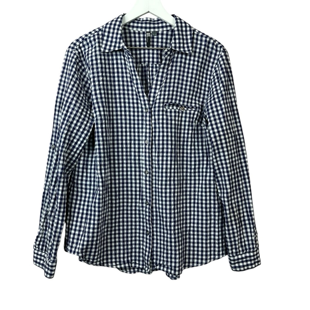 Kut From The Kloth Navy Gingham Check Button Up Shirt Women Sz XL